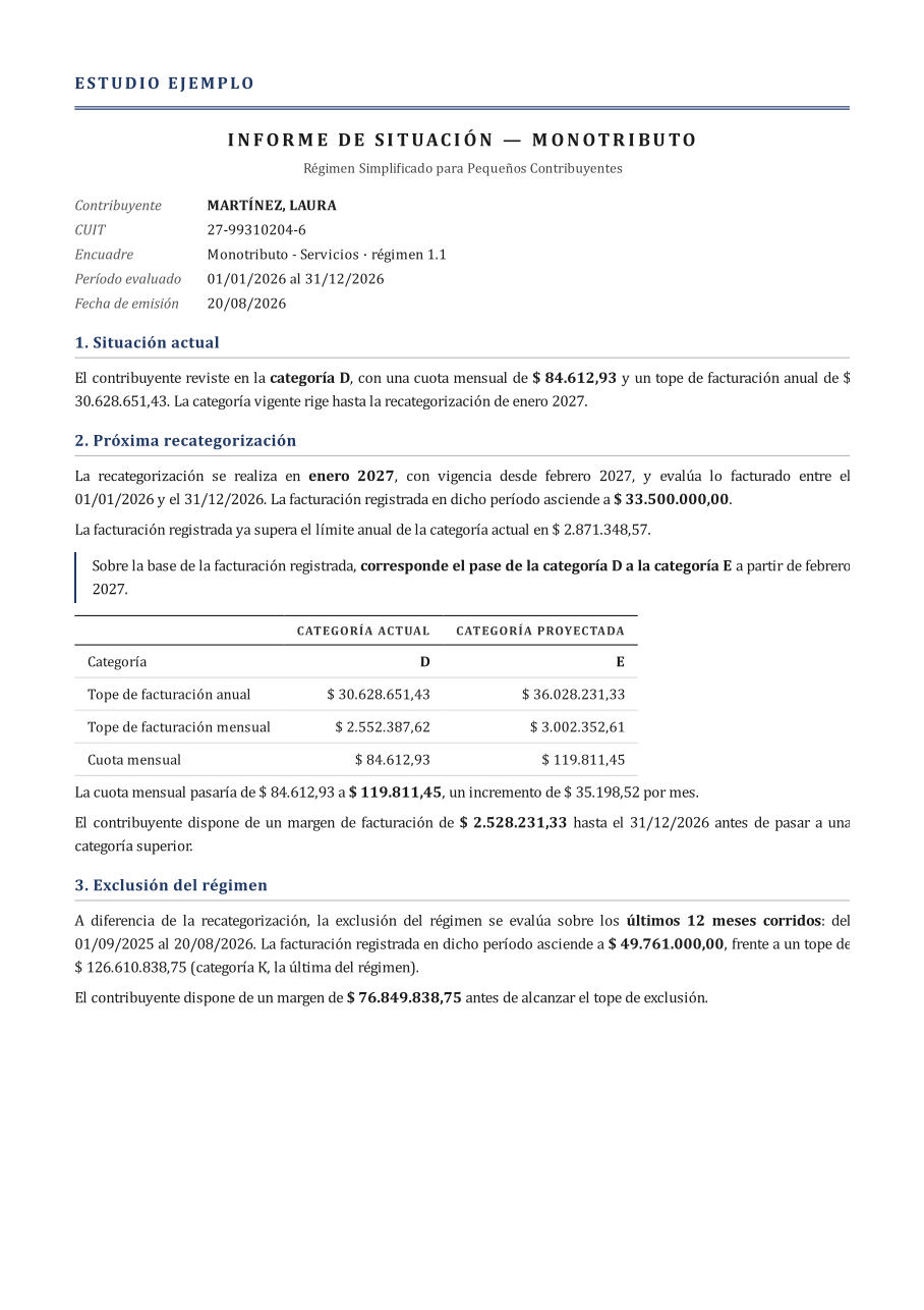 Informe de situación en PDF con membrete del estudio, diseño formal